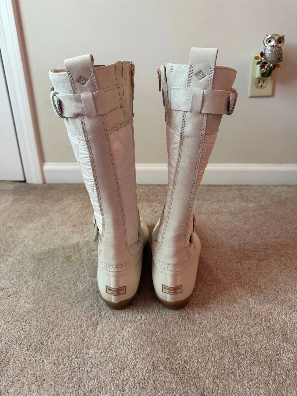 Sperry Quilted Cream Mid-Calf Rain Boots with Buckle Straps
